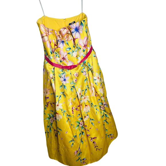 MARCHESA NOTTE Yellow Floral Printed Mikado Strapless Tea Midi Dress Size 18 - Picture 5 of 13